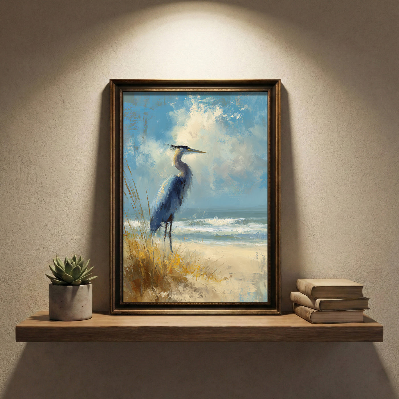 A high-detail palette knife painting of a Great Blue Heron standing on a sandy beach among sea oats under a blue sky with crashing waves, created by Artazyn.