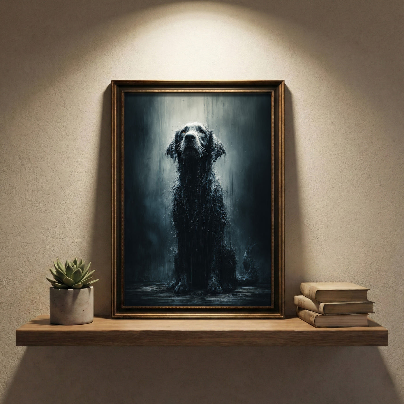 Photorealistic portrait of a soaking wet black dog sitting in the rain looking up, moody animal wall art.