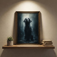 Photorealistic portrait of a soaking wet black dog sitting in the rain looking up, moody animal wall art.