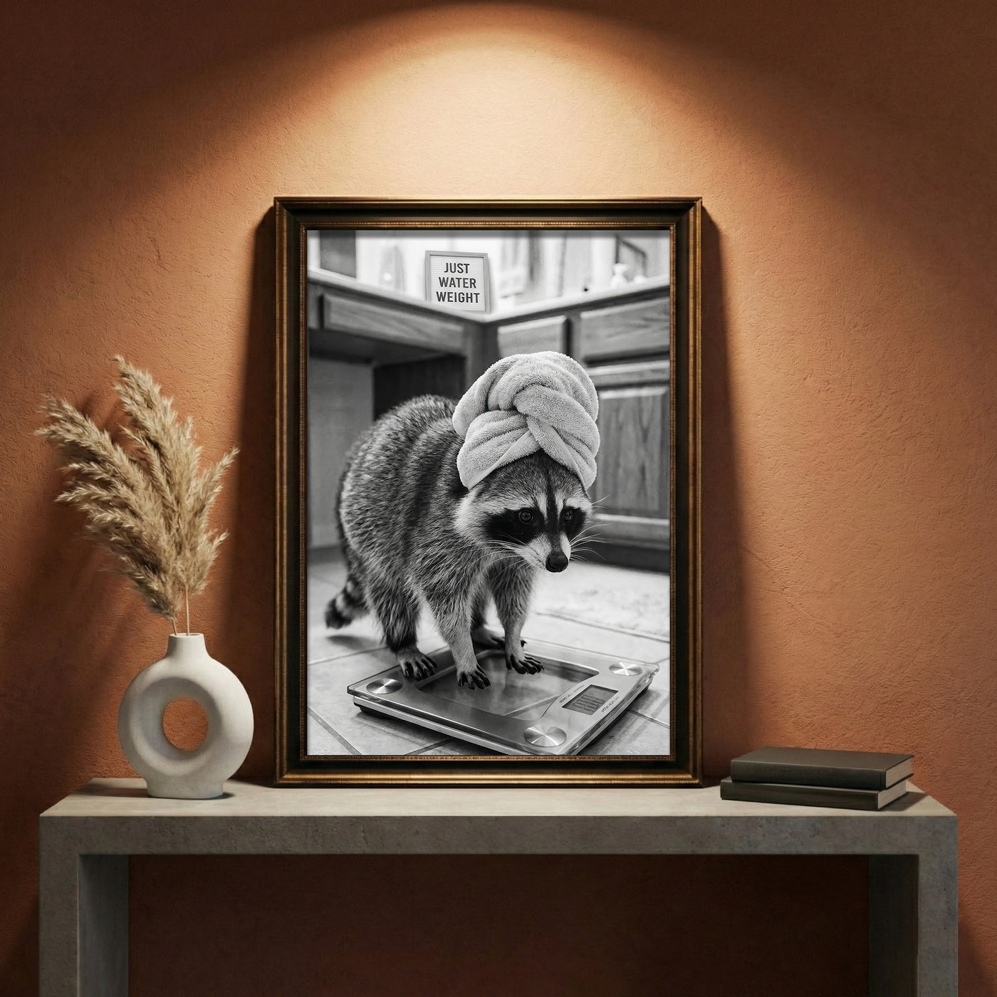 A crisp black and white photograph of a raccoon standing on a glass bathroom scale wearing a towel turban next to a sign that says JUST WATER WEIGHT, created by Artazyn.