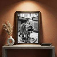 A crisp black and white photograph of a raccoon standing on a glass bathroom scale wearing a towel turban next to a sign that says JUST WATER WEIGHT, created by Artazyn.
