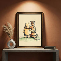 Vintage style pencil and watercolor sketch of a classic chubby bear and a striped tiger sitting together from behind with their arms around each other, looking out into the distance, created by Artazyn.