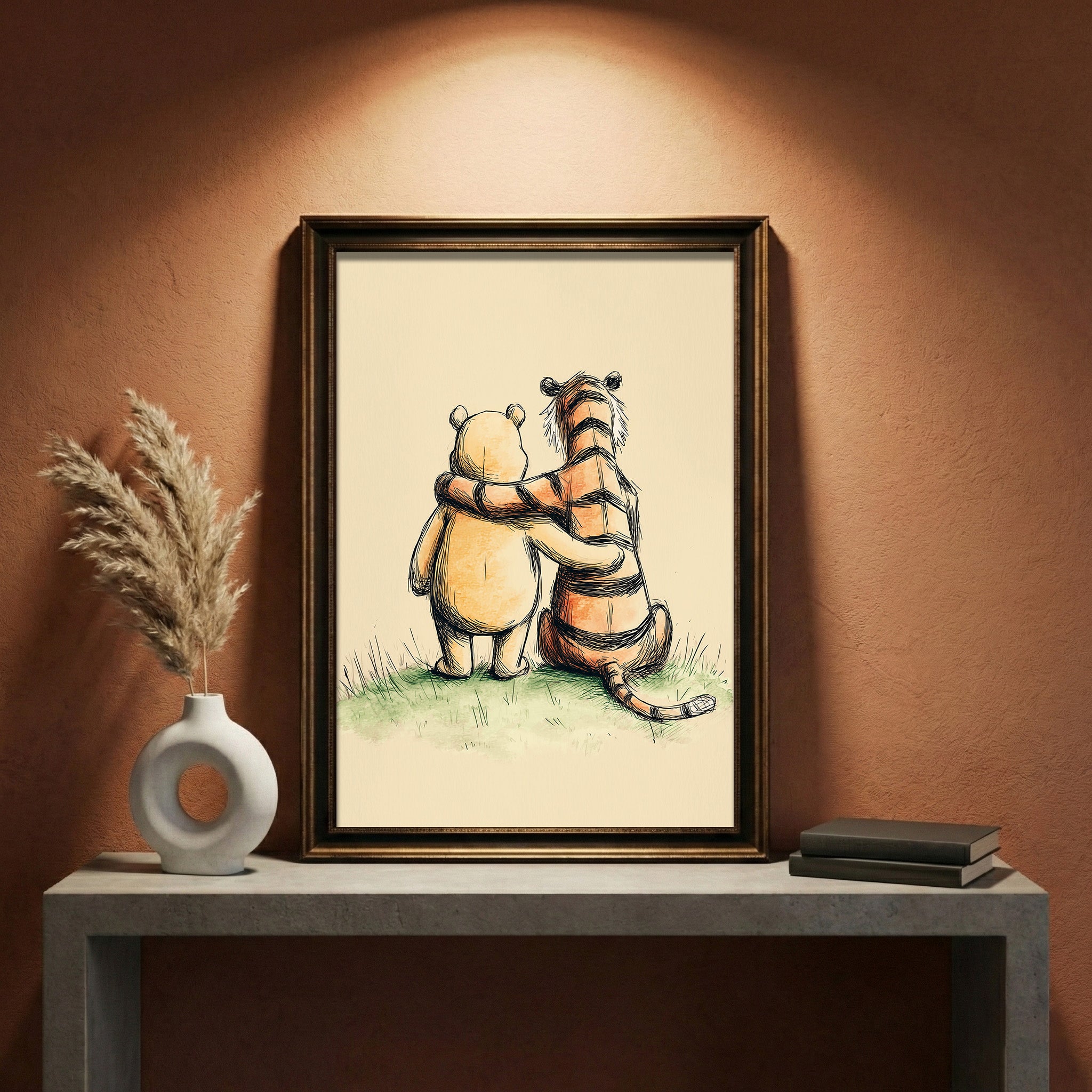 Vintage style pencil and watercolor sketch of a classic chubby bear and a striped tiger sitting together from behind with their arms around each other, looking out into the distance, created by Artazyn.