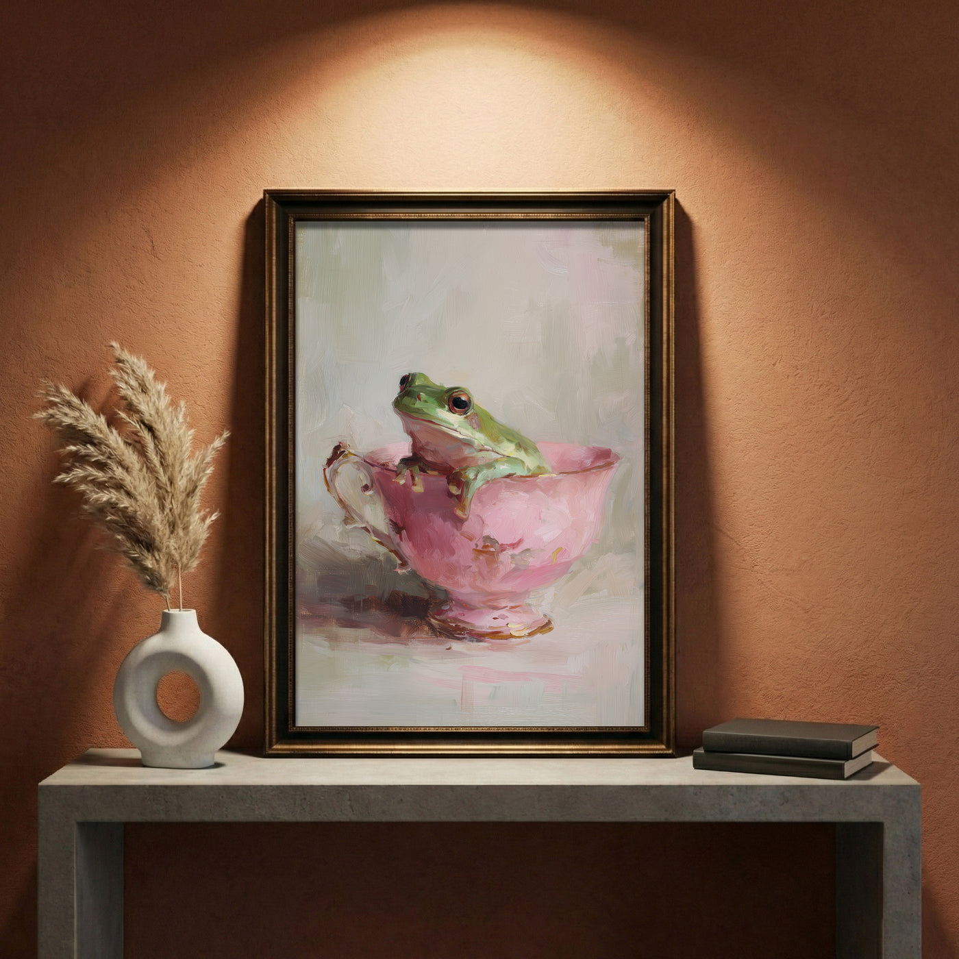 An impressionistic oil painting of a green tree frog sitting inside a vintage pink teacup with gold trim, featuring thick visible brushstrokes and a moody atmospheric background, created by Artazyn.