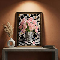 Bold maximalist art print featuring a black and white leopard head vase filled with pink tulips against a patterned background, created by Artazyn.