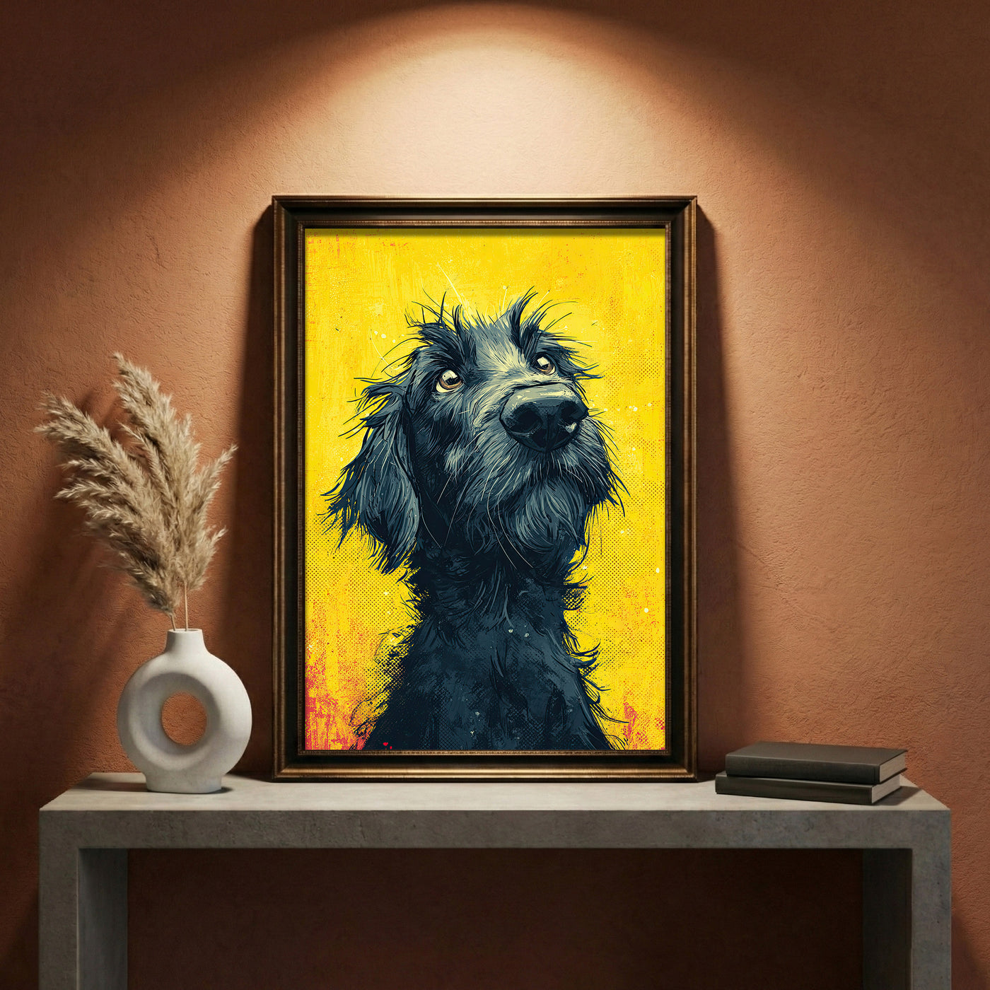 Vibrant pop art style print of a scruffy black dog looking up with soulful eyes against a distressed yellow background with halftone patterns.