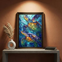 A vibrant stained-glass style art print featuring two sea turtles swimming upwards through mosaic-patterned deep blue water with glowing orange and purple shells, created by Artazyn.