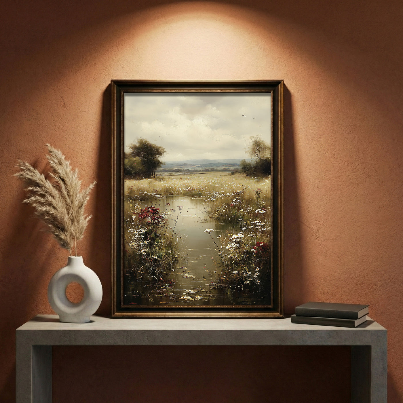 A moody impressionist oil painting of a marshy landscape filled with white daisies and dark red wildflowers under a heavy overcast sky, created by Artazyn.