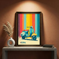 Distressed vintage-style poster illustration of a classic teal and yellow scooter parked in front of colorful retro vertical stripes in red, orange, and blue.