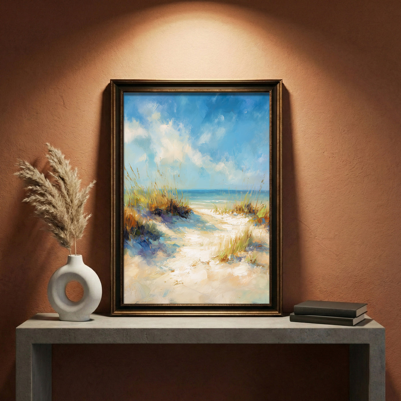 Impressionist style oil painting of a sandy path through beach dunes with sea grass leading to a bright blue ocean under a breezy, partly cloudy sky, created by Artazyn.