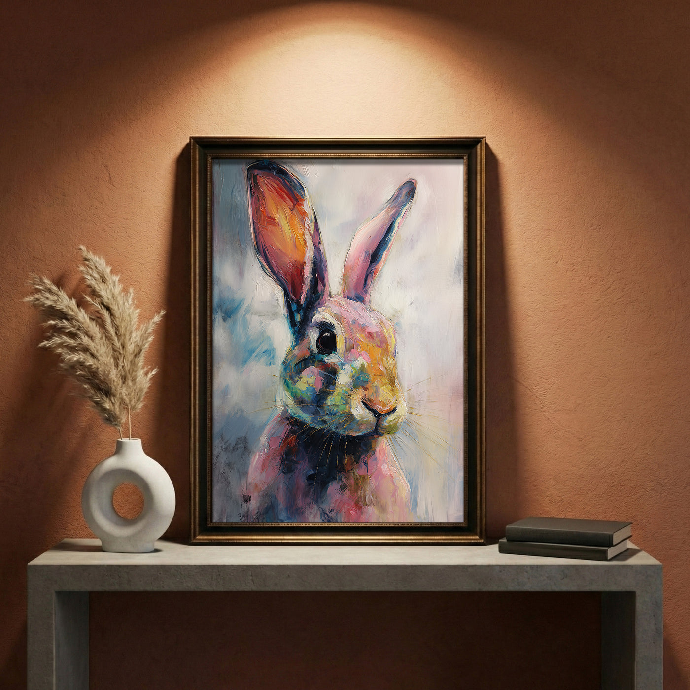 A vibrant, painterly oil painting of a bunny with expressive eyes and colorful fur in shades of pink, teal, and orange against a soft background, created by Artazyn.