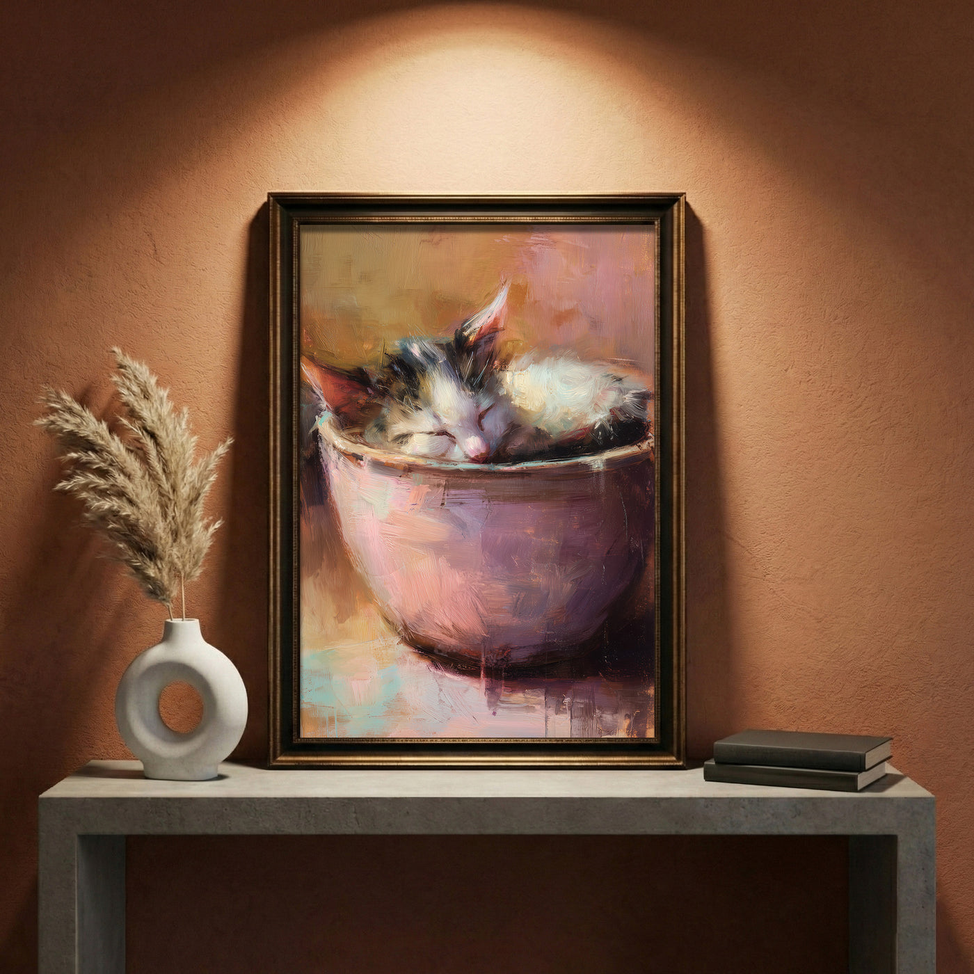 A warm-toned impressionist oil painting of a calico kitten sleeping soundly while curled up inside a pink ceramic bowl, featuring visible painterly brushstrokes and soft lighting, created by Artazyn.