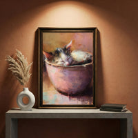 A warm-toned impressionist oil painting of a calico kitten sleeping soundly while curled up inside a pink ceramic bowl, featuring visible painterly brushstrokes and soft lighting, created by Artazyn.