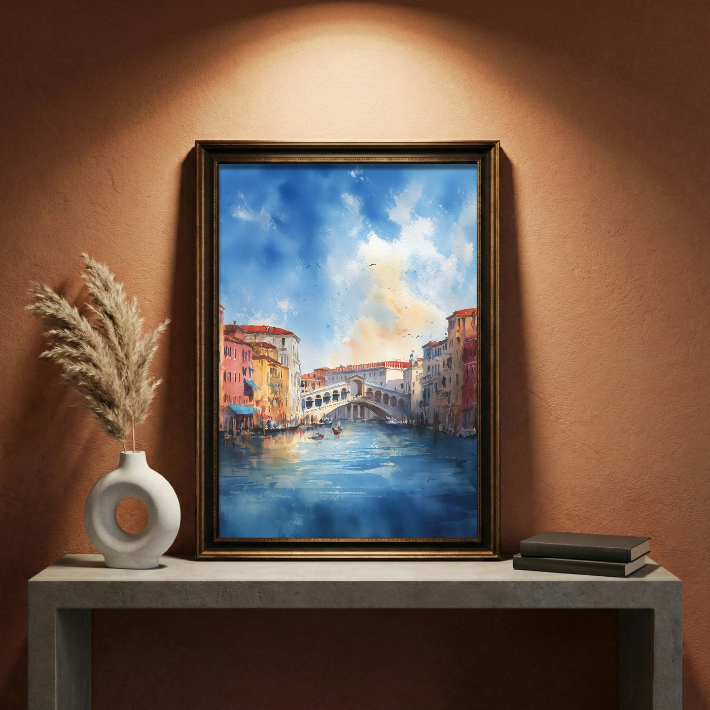 A soft impressionist watercolor painting of the Grand Canal in Venice featuring the Rialto Bridge, gondolas on the water, and a vibrant blue sky with soft clouds, created by Artazyn.