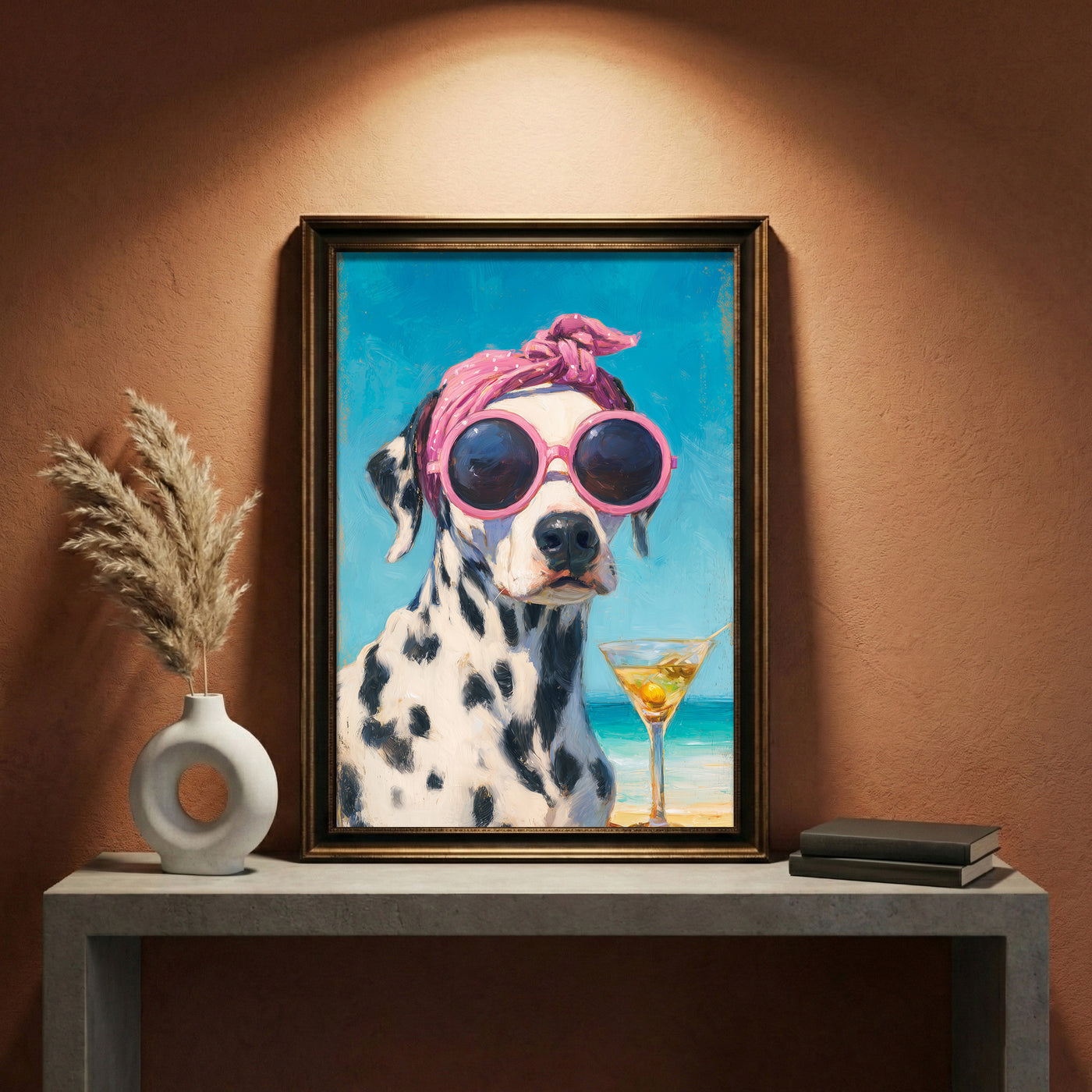 An impressionist oil painting of a Dalmatian dog wearing a pink polka-dot headscarf and oversized pink sunglasses sitting on a beach with a dirty martini, created by Artazyn.