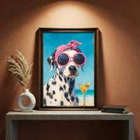 An impressionist oil painting of a Dalmatian dog wearing a pink polka-dot headscarf and oversized pink sunglasses sitting on a beach with a dirty martini, created by Artazyn.