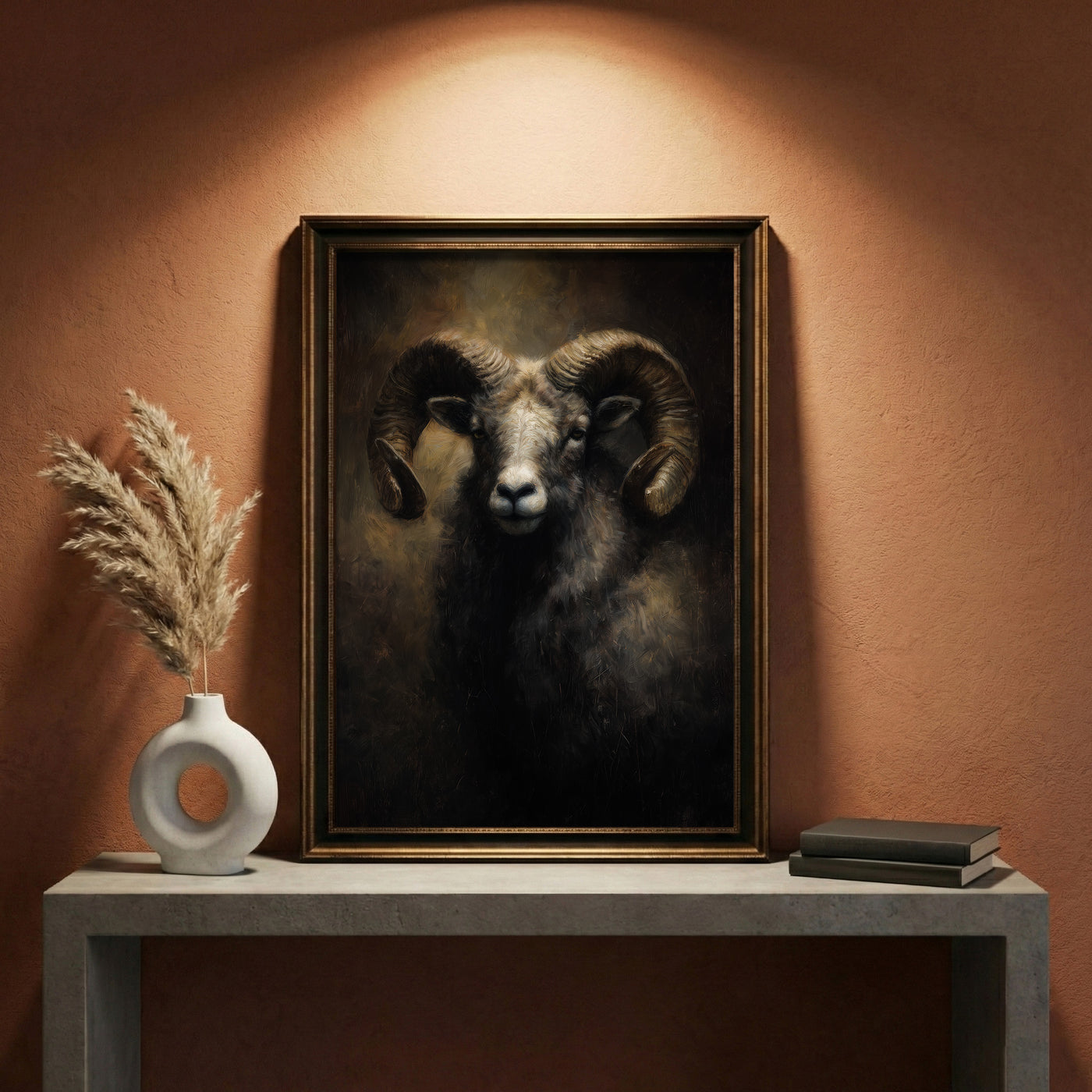 A moody oil painting of a ram with large, powerful curled horns and a calm yet stoic expression against a dark, atmospheric background, created by Artazyn.