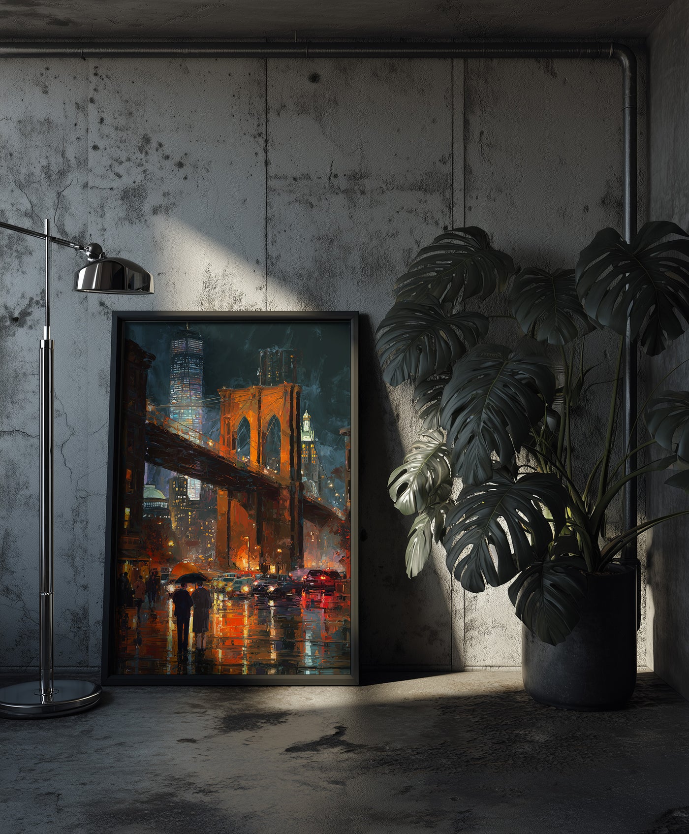 Thick impasto style oil painting of the Brooklyn Bridge illuminated at night during a rainstorm, with glowing orange lights reflecting on the wet street and two figures holding an umbrella, created by Artazyn.