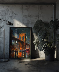 Thick impasto style oil painting of the Brooklyn Bridge illuminated at night during a rainstorm, with glowing orange lights reflecting on the wet street and two figures holding an umbrella, created by Artazyn.