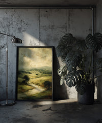 Textured oil painting style art print of rolling green hills and a winding river under a moody overcast sky, created by Artazyn.