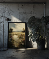 A moody impressionist oil painting of a marshy landscape filled with white daisies and dark red wildflowers under a heavy overcast sky, created by Artazyn.