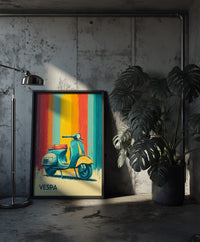 Distressed vintage-style poster illustration of a classic teal and yellow scooter parked in front of colorful retro vertical stripes in red, orange, and blue.
