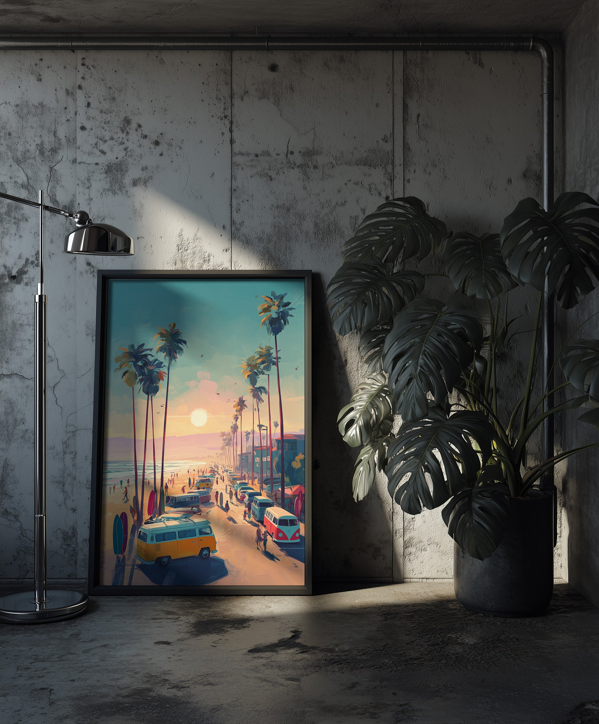 Vibrant retro painterly style illustration of a warm beach sunset with tall palm trees, vintage surfer vans, surfboards, and people walking on the sand, created by Artazyn.
