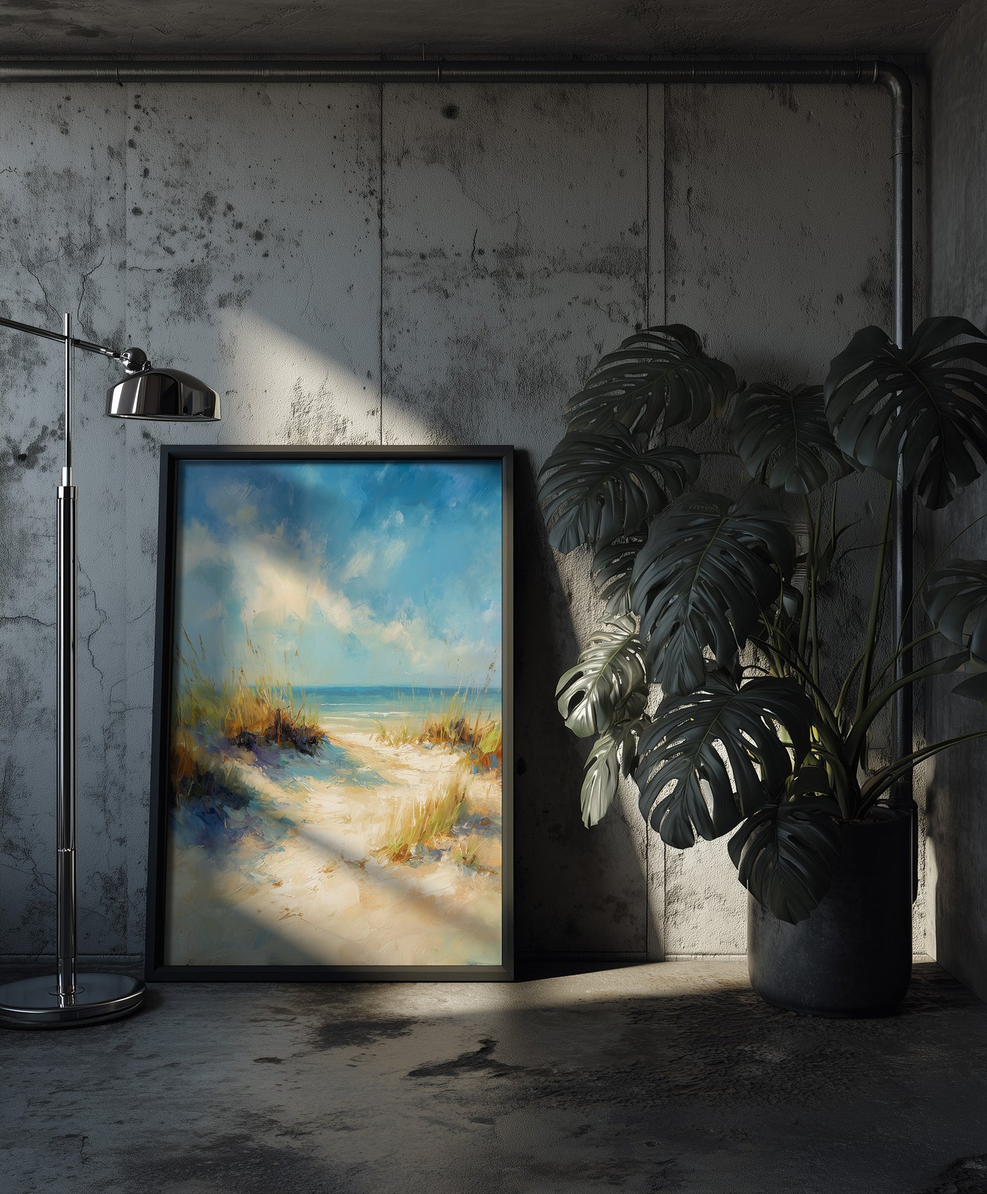 Impressionist style oil painting of a sandy path through beach dunes with sea grass leading to a bright blue ocean under a breezy, partly cloudy sky, created by Artazyn.