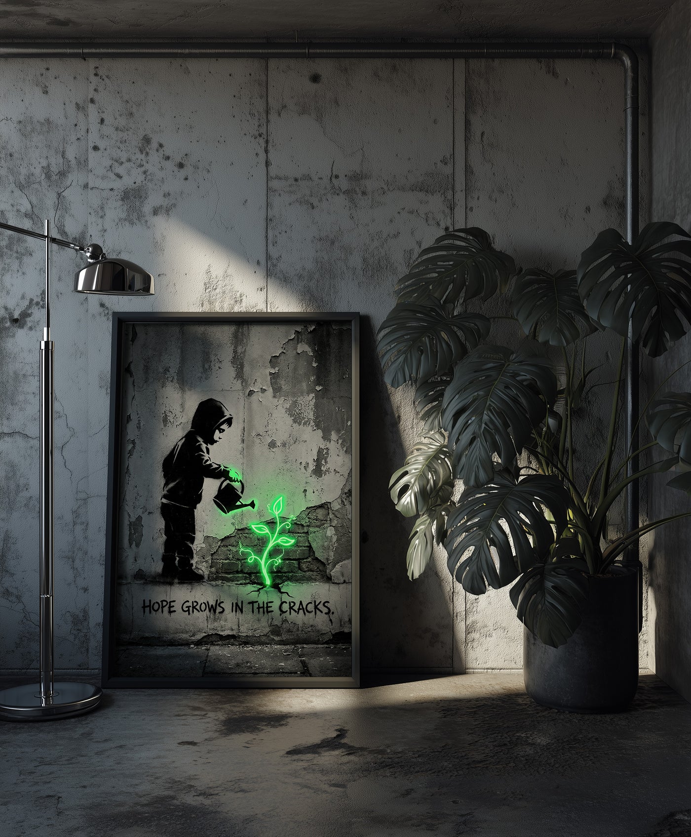 A monochromatic Banksy-style street art print of a hooded child watering a glowing neon green plant growing from a cracked wall with stenciled text reading HOPE GROWS IN THE CRACKS, created by Artazyn.