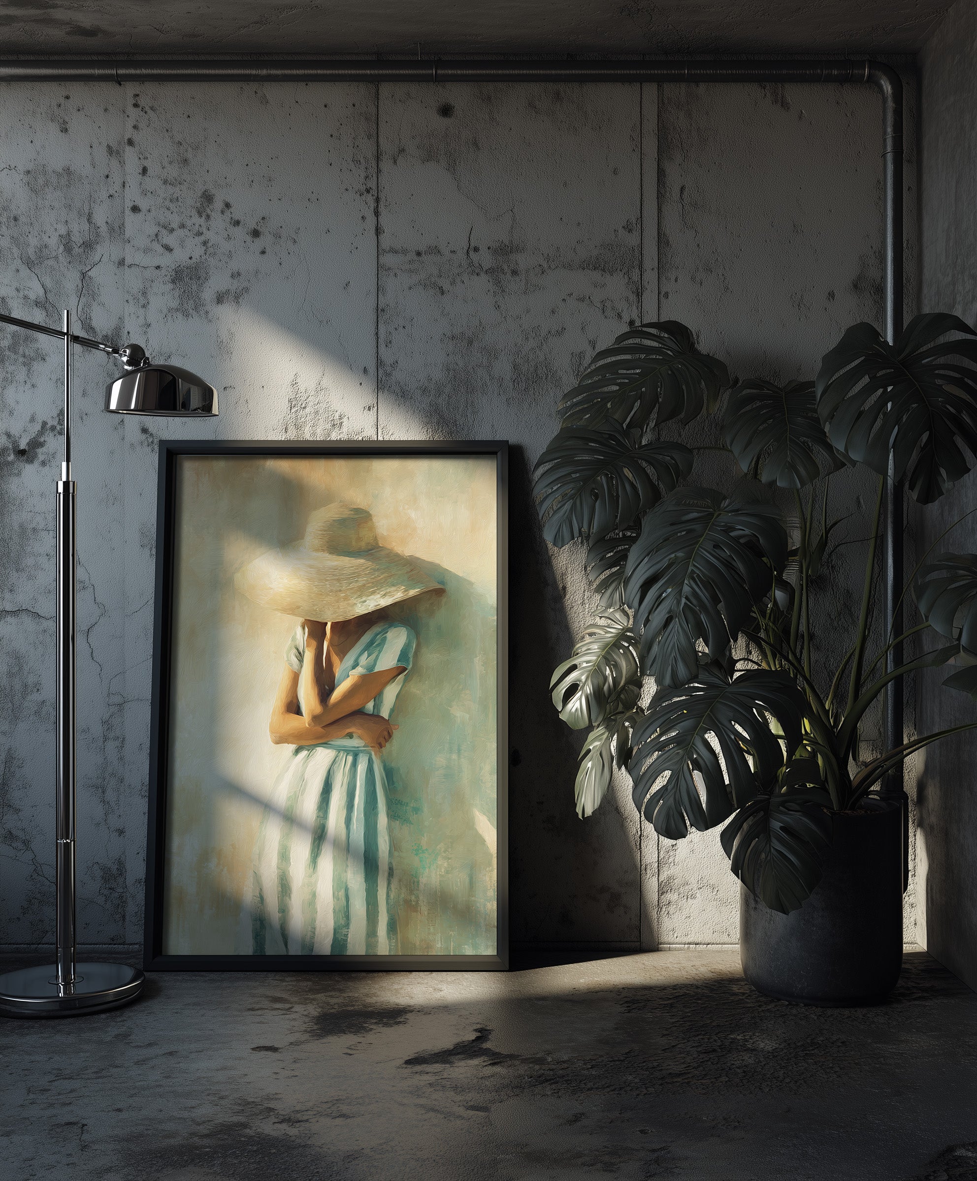 A soft, impressionist oil painting of an elegant woman in a blue and white striped dress wearing a large sun hat that hides her face, created by Artazyn.