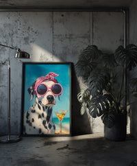 An impressionist oil painting of a Dalmatian dog wearing a pink polka-dot headscarf and oversized pink sunglasses sitting on a beach with a dirty martini, created by Artazyn.