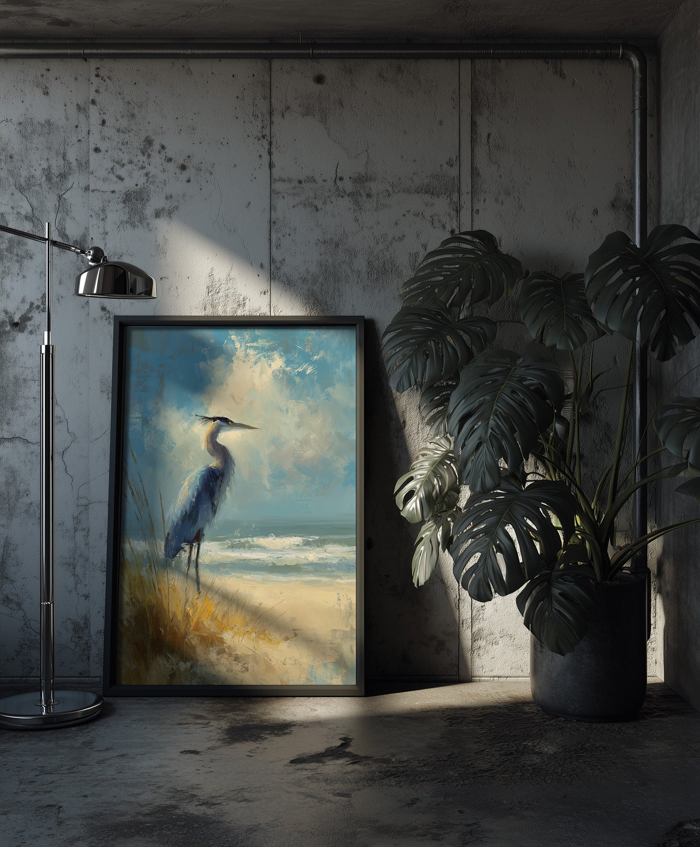 A high-detail palette knife painting of a Great Blue Heron standing on a sandy beach among sea oats under a blue sky with crashing waves, created by Artazyn.