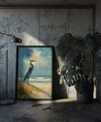 A high-detail palette knife painting of a Great Blue Heron standing on a sandy beach among sea oats under a blue sky with crashing waves, created by Artazyn.