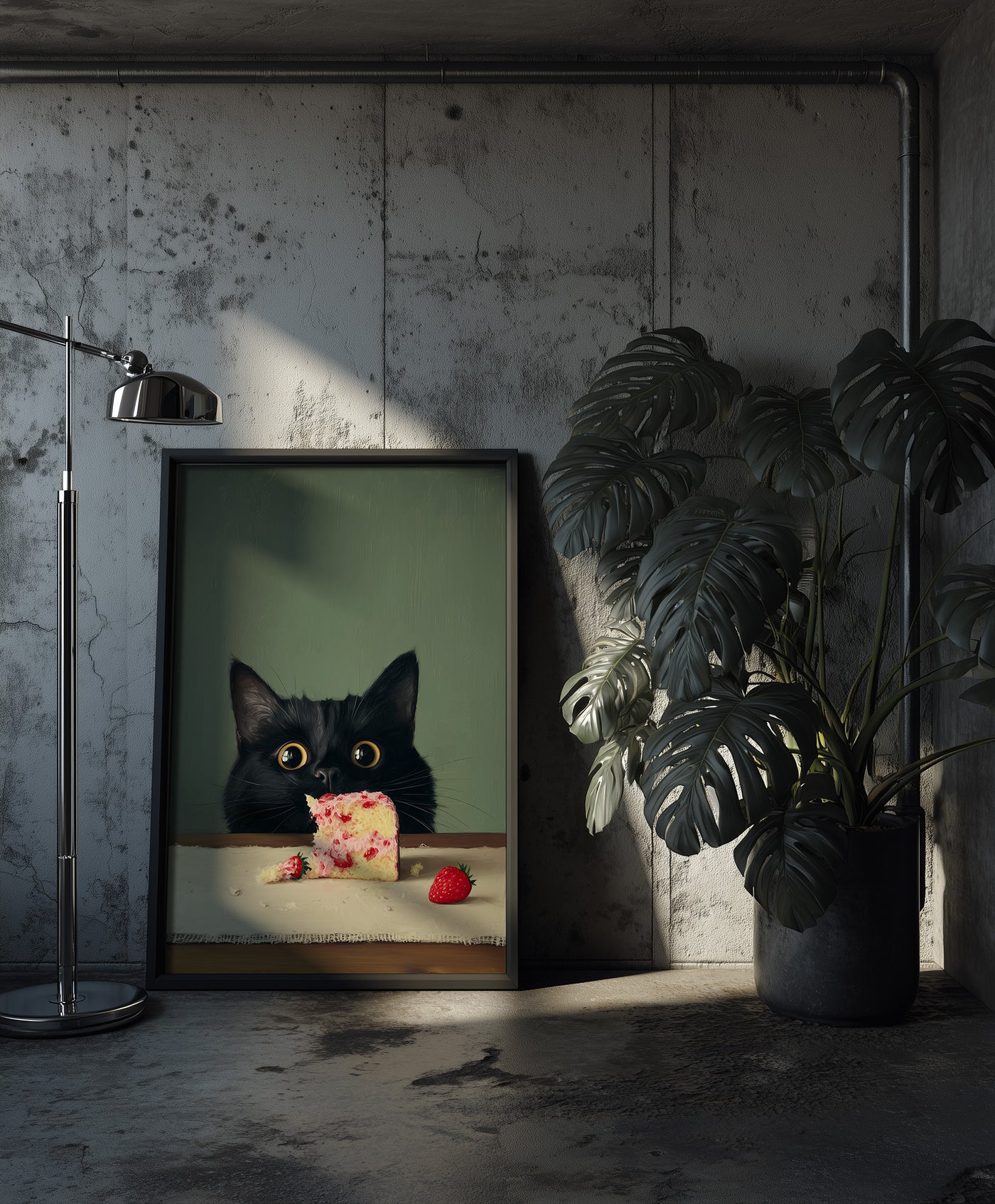 Oil painting style illustration of a fluffy black cat with large wide eyes peeking over a wooden table at a partially eaten slice of strawberry layer cake against a muted green background, created by Artazyn.