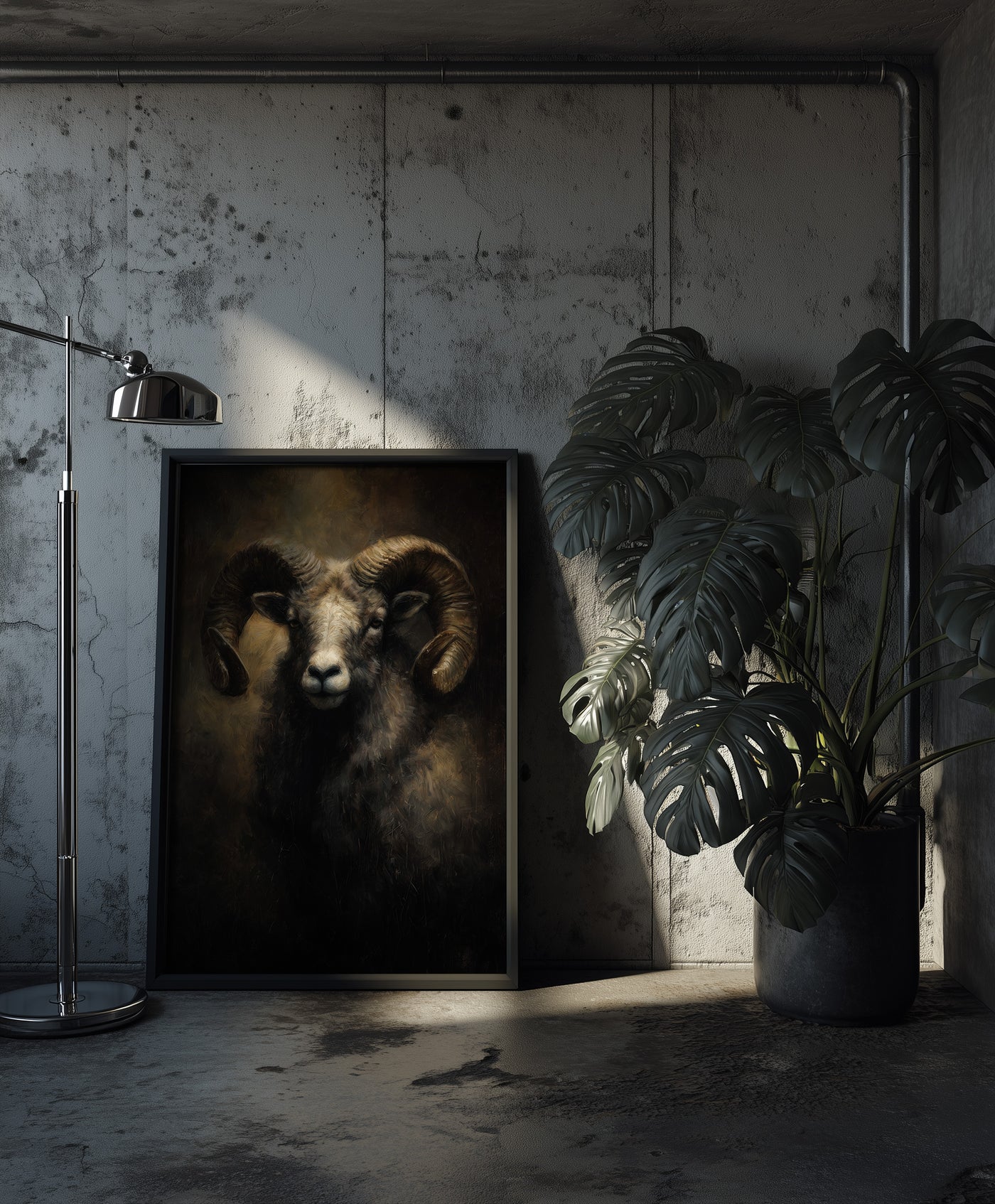 A moody oil painting of a ram with large, powerful curled horns and a calm yet stoic expression against a dark, atmospheric background, created by Artazyn.