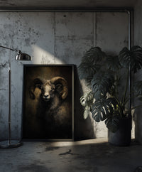 A moody oil painting of a ram with large, powerful curled horns and a calm yet stoic expression against a dark, atmospheric background, created by Artazyn.