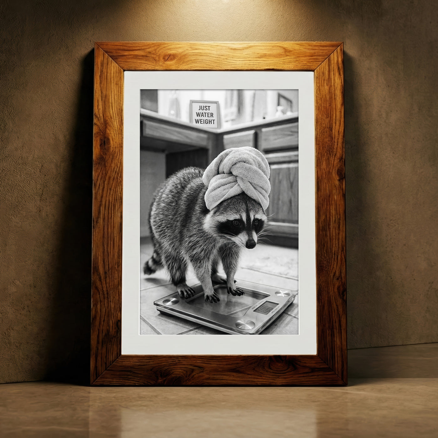 A crisp black and white photograph of a raccoon standing on a glass bathroom scale wearing a towel turban next to a sign that says JUST WATER WEIGHT, created by Artazyn.