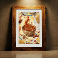 Collage style art print of a bowl of spicy ramen noodles labeled "SPICY & HOT" with floating noodles, garlic, and chili peppers against a background of receipts and train tickets.