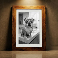A crisp black and white photograph of a bulldog sitting on a marble bathroom counter wearing a spa headband and face cream next to a sign that says AGELESS, created by Artazyn.