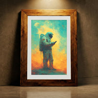 Colorful painterly art print of an astronaut standing on an alien planet looking at a smartphone, rendered in teal, yellow, and orange impasto strokes by Artazyn.