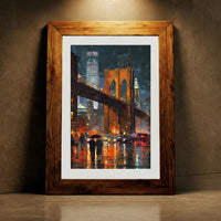 Thick impasto style oil painting of the Brooklyn Bridge illuminated at night during a rainstorm, with glowing orange lights reflecting on the wet street and two figures holding an umbrella, created by Artazyn.