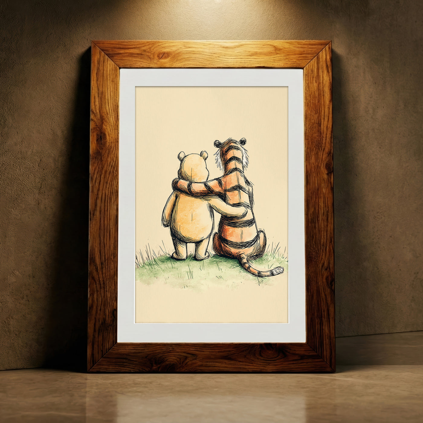 Vintage style pencil and watercolor sketch of a classic chubby bear and a striped tiger sitting together from behind with their arms around each other, looking out into the distance, created by Artazyn.