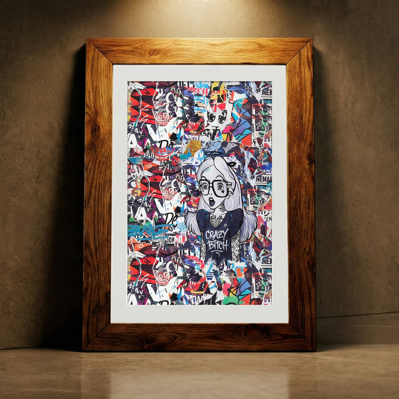 Edgy street art collage print featuring a tattooed Alice in Wonderland character wearing glasses and a t-shirt that says "Crazy Bitch" against a background of torn posters, created by Artazyn.