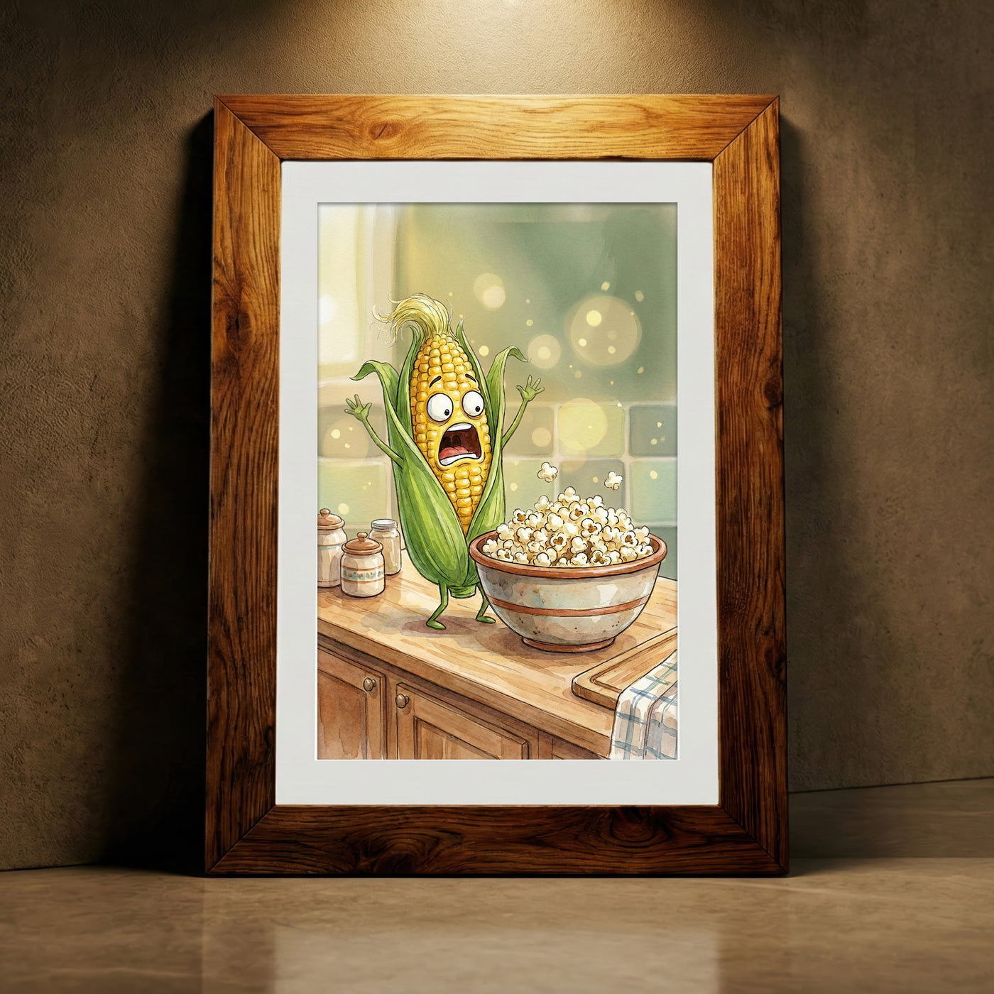 Cartoon illustration of a scared ear of corn screaming at a bowl of popcorn, funny kitchen wall art.