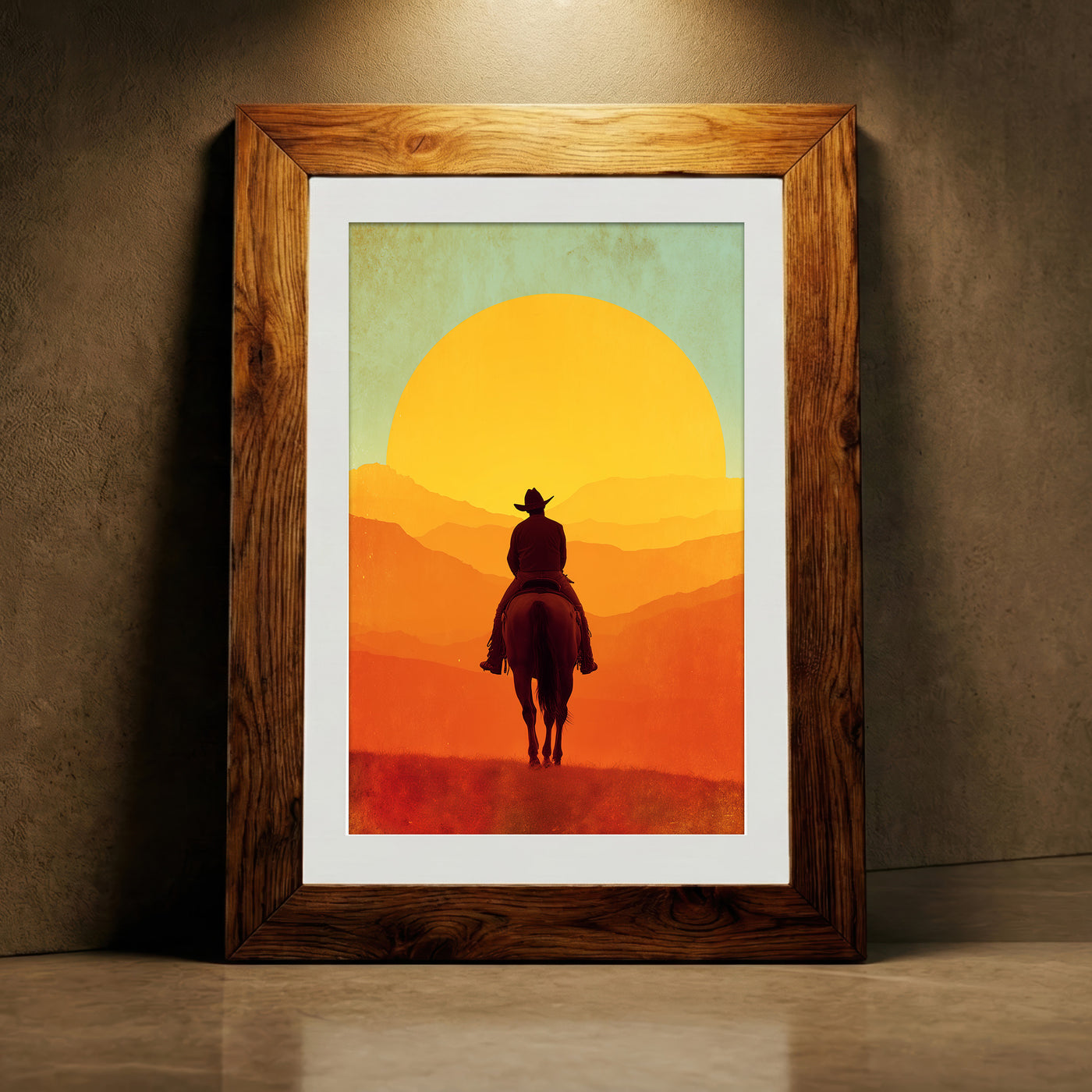 Retro vintage style illustration of a silhouette of a cowboy on horseback riding toward a massive bright orange and yellow setting sun over layered mountain ridges, created by Artazyn.
