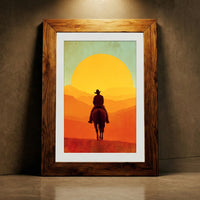 Retro vintage style illustration of a silhouette of a cowboy on horseback riding toward a massive bright orange and yellow setting sun over layered mountain ridges, created by Artazyn.