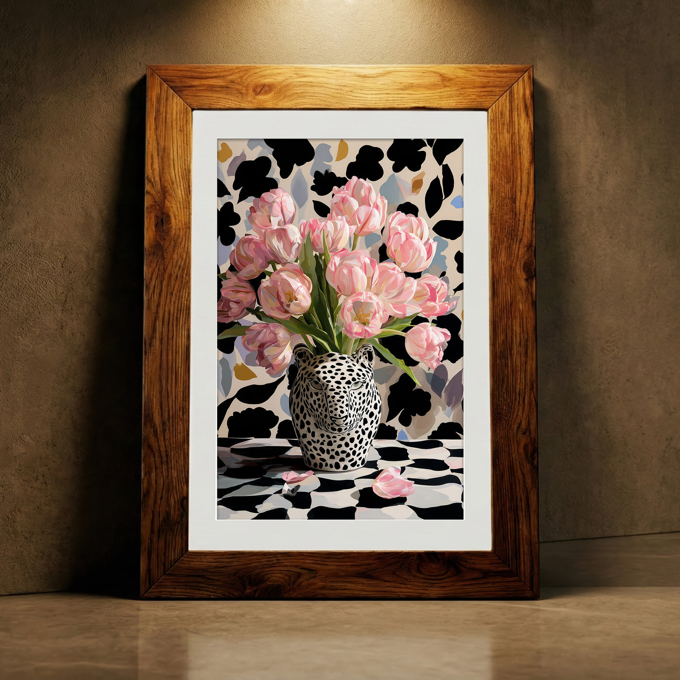 Bold maximalist art print featuring a black and white leopard head vase filled with pink tulips against a patterned background, created by Artazyn.