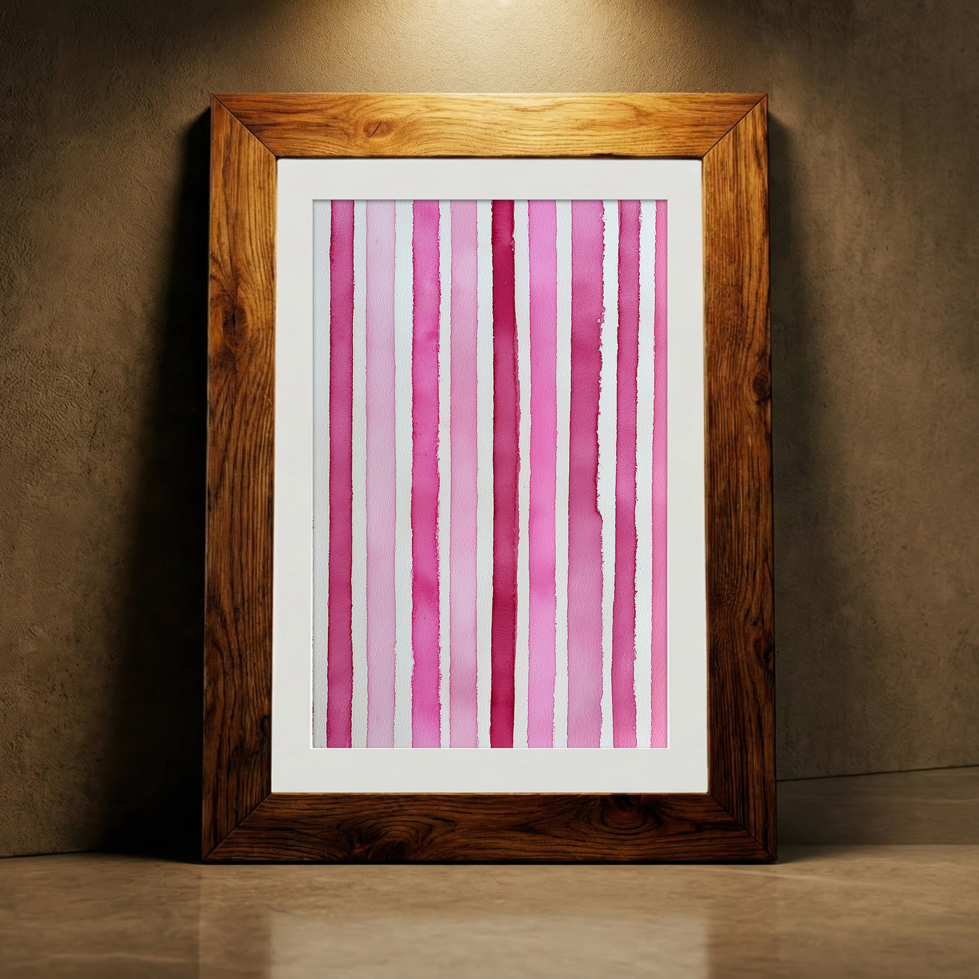 Minimalist art print featuring vertical watercolor stripes in various shades of pink and magenta on a white background, created by Artazyn.