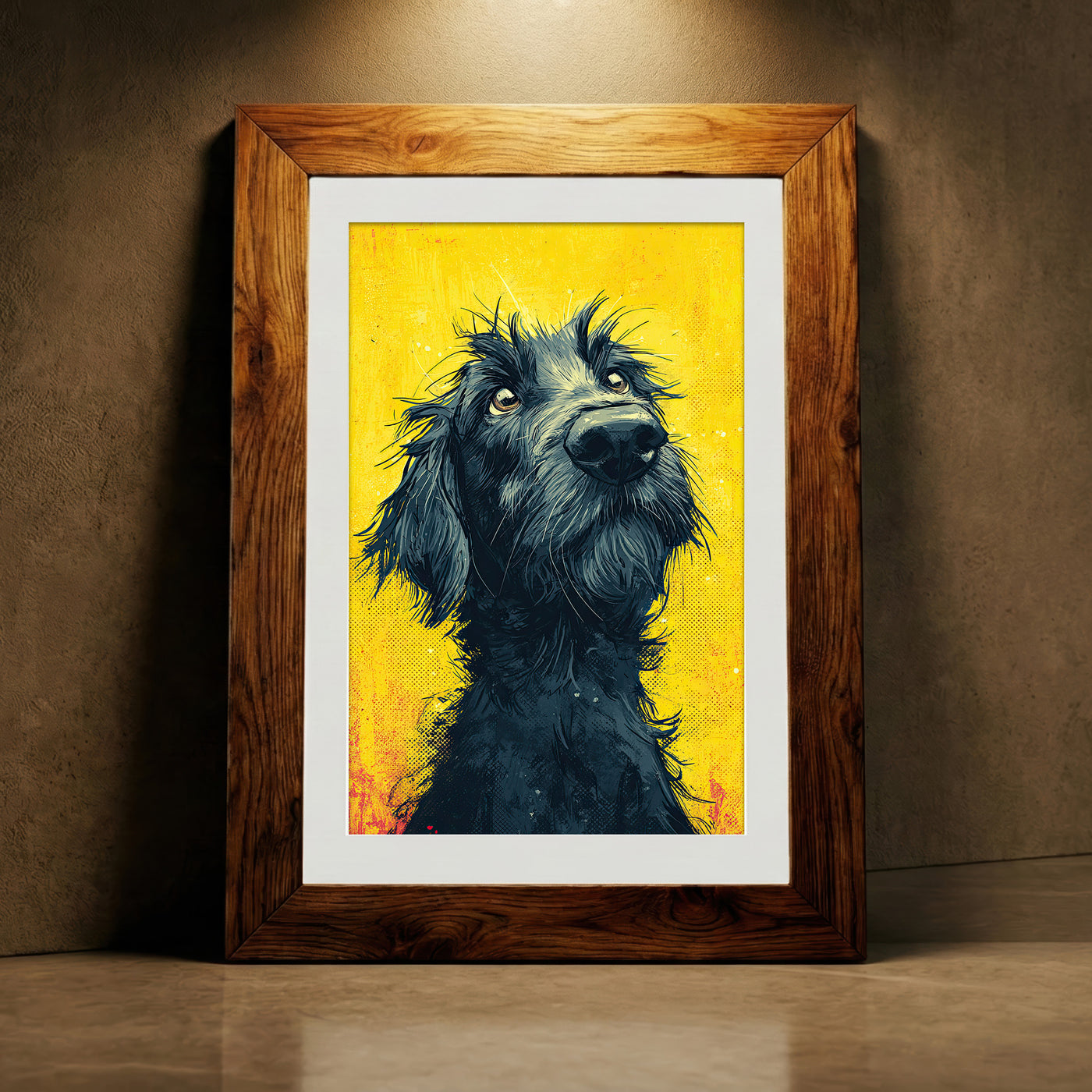 Vibrant pop art style print of a scruffy black dog looking up with soulful eyes against a distressed yellow background with halftone patterns.