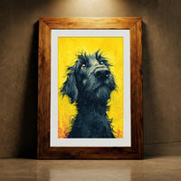 Vibrant pop art style print of a scruffy black dog looking up with soulful eyes against a distressed yellow background with halftone patterns.
